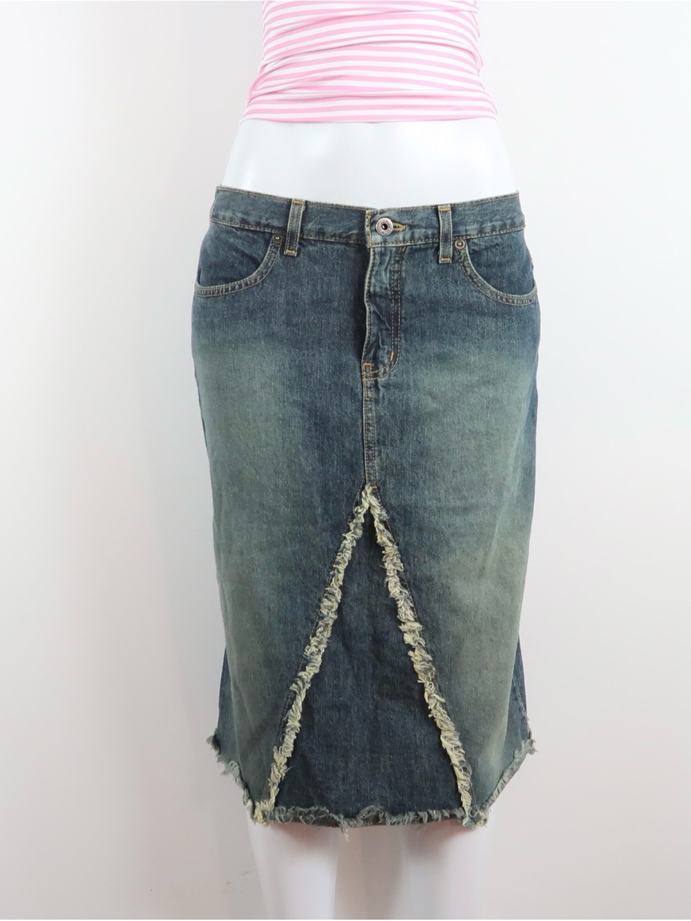 Frayed Front-Slit Denim Midi Skirt - Blue